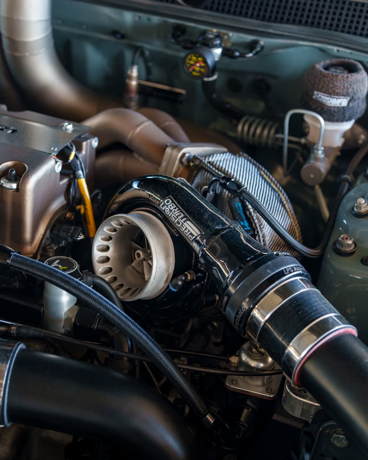 High-performance car engine with turbocharger, close up